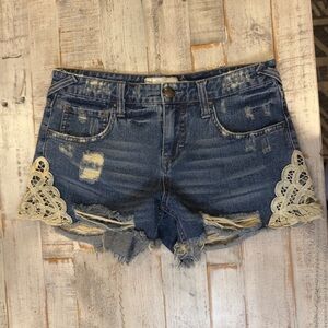 Free People Distressed Denim Shorts | Size 26 | Lace Accent | Boho Festival Vibe